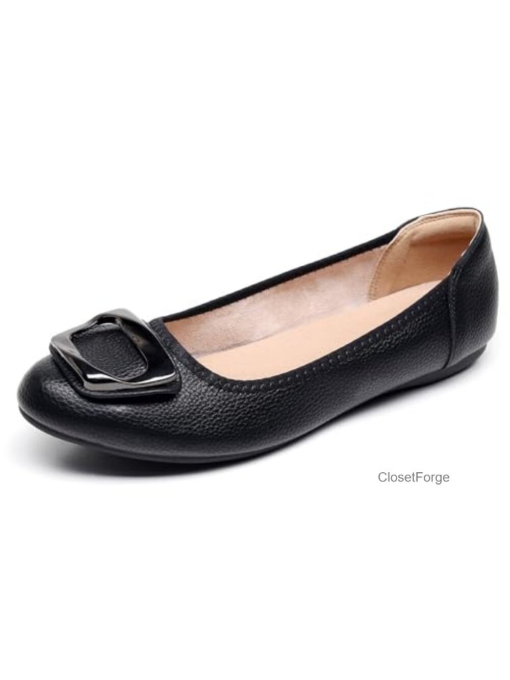 Slip On Low Heel Flats with Metal Ornament Comfortable Padded Insole Round Toe